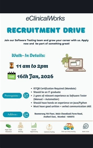 🔥🔥 Walk-in Drive | Jan 16th,2026 | 💥eClinical Works @ Mumbai