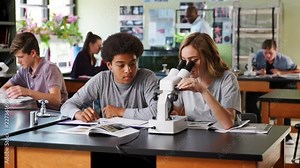 High School Students With Tutor Using Microscope In Biology Class