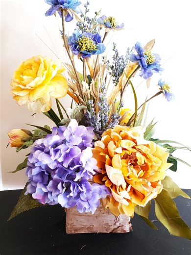 Yellow and Blue Violet Floral Arrangement in Birch Container, Dried Look Yellow Peony, Scabiosa, Hydrangea, Heather & Ranunculus Centerpiece - Etsy