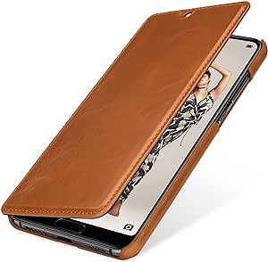 StilGut Book Type Flip Case for Huawei P20 Pro, Genuine Leather Huawei P20 Pro Case with Auto Wake/Sleep Function, Cognac Brown