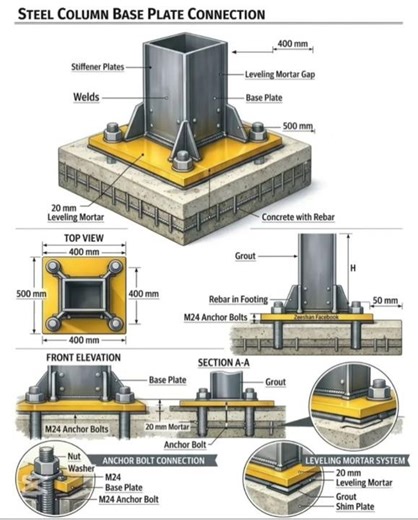 Steel Column Base plate Connection | Basic knowledge for Civil Engineering | #shorts