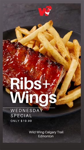 🔥 Feast Mode On! 🔥 Wednesdays just got better – enjoy our Ribs Wings Combo for only $19.99 🤩. Perfectly saucy, fall-off-the-bone ribs paired with our famous 101-flavour wings. 🍖🍗 👉 Dine-in and treat yourself or bring the crew for a midweek feast! 📍 Wild Wing Calgary Trail ⏰ Every Wednesday #WingNight #RibsAndWings #WildWingCalgaryTrail #YEGFoodies #YYCFoodies #EdmontonEats #YEGDeals #FoodieLife #WingLovers #edmontonfoodies #yegfoodie #yegeats #yegger #RibsLovers #ribs #steakdinner #yegdin