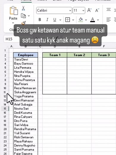 Atur anggota tim otomatis di EXCEL Masih suka input data satu satu kyk gini? Tenang.. ada #FilosofiExcel Save post ini biar kaga capek lagi Share ke temen lo yang belum tau ini #excel #exceltips #exceltricks #spreadsheets #workhacks #folkative #dagelan #belajarexcel #excelpemula #tutorialexcel #tutorexcel