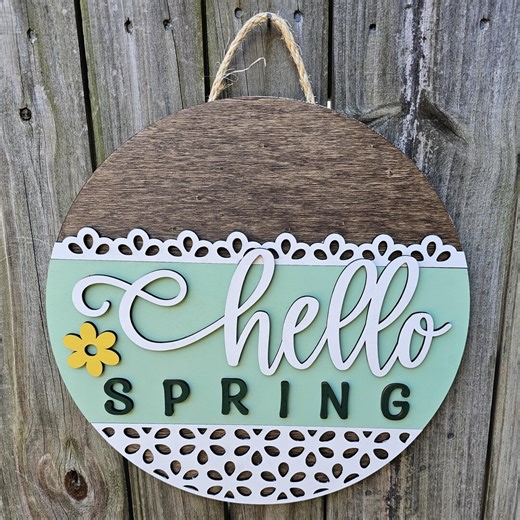 Hello Spring Wooden Door Hanging Sign, Spring Decor, Porch Sign, Round Outdoor Welcome, Green Welcome Sign - Etsy