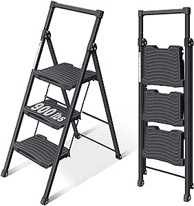 KINGRACK 3 Step Ladder, Step Ladder 3 Step Folding with Anti-Slip Wide Pedal and Handrails, Lightwight Household Ladder for Your Kitchen, Pantry, Closets, Office Use, Pass 900LBS Testing