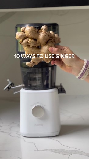10 Ways to Use Ginger! 🌿✨ I juiced fresh ginger with my Nama J2 Cold Press Juicer(link in my bio) poured it into a honeycomb ice tray, and froze it. Here are some ideas for these ginger cubes: \t1.\tAdd to coconut curry \t2.\tMix into warm ginger tea \t3.\tSpice up soup recipes \t4.\tEnhance stir-fries \t5.\tBlend into smoothies \t6.\tAdd to fresh juice \t7.\tInfuse water for a zing \t8.\tMix into marinades \t9.\tAdd to baked goods \t10.\tUse in salad dressings Get creative with your ginger cub