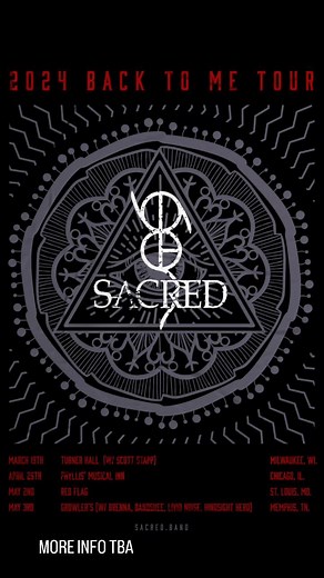 Announcing our upcoming "BACK TO ME" limited tour dates in 2024. More info & performances TBA!! WWW.SACRED.BAND ✨️✨️✨️✨️✨️✨️ - @turnerhallmke Tues- March 19th - @phyllismusicalinn Thurs- April 25th - @redflagstlvenue Thurs-May 2nd - @901growlers Fri- May 3rd Stay tuned for more updates & fun facts about the new album !! . #livemusic #phyllismusicalinn #turnerhall #growlersmemphis #redflagstl #pabsttheatergroup #ontour #SACRED #booksacred #sacredtheband #sacredmke #hardrockmusic #artistofthe year