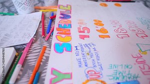 Home education COVID 19. Kids create their own daily routines. Teaching kids to plan. Establish set bedtime, meal times and rules for electronics. Time managment as a way to success in life.