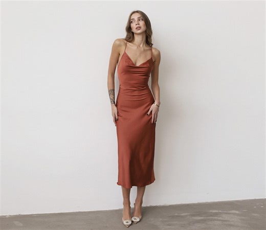 Rust Silk Slip Dress: Midi Length, Cowl Neck, Bias Cut - Etsy