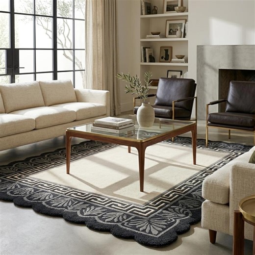 Hand Tufted Wool Rug, Greek Key Border, Scalloped Edge Carpet, Living Room Floor Rug - Etsy