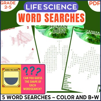 Life Science Word Search Puzzles Plants, Animals, Human Body 2nd-5th Grade
