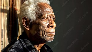 Old African man sitting with a shadow from a window frame on his face. Sad senior man with white hair looking outside and he is deep in thought.