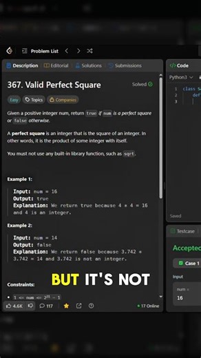 Leetcode's Valid Perfect Sqaure Problem Solved using Binary Search | TanishkBhatt | #python #coding