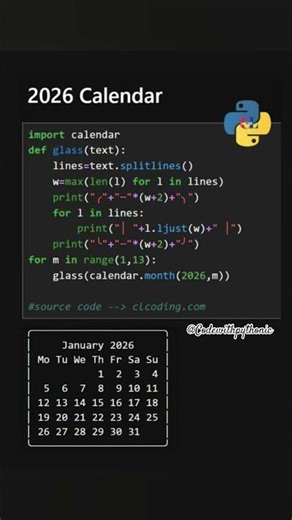 Python Project: 2026 Calendar in 10 Lines of Code! 😍 #codewithme #codeeveryday #keepcoding #luvcode