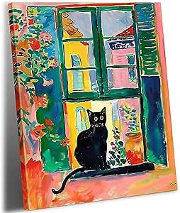 Henri Matisse Black Cat Canvas Wall Art Framed, Matisse Open Window Print Cute Cat Poster Gallery Aesthetic Room Decor for Bedroom Bathroom, Kawaii Preppy Room Decor for Teen Girls 12x16inch