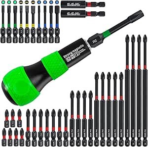 Shaped One Slot Square Hex Insert Bit Anti-Skid Screwdriver Bit Set PH2 1/4 inch Hex Shank Phillips Impact Drill Bit,CNC Machining Bit, Green Black Screwdriver Handle(39Pcs)