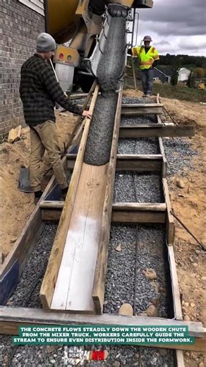 Pouring Concrete Through Wooden Chute into Stair Formwork – Satisfying jobs and machinery