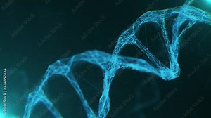Close-up Blue Molecules Structure DNA Rotating on Glowing Backdrop. Bright 3D Animation of Biotech DNA Model Rotation. Hologram of Genome Information Deoxyribonucleic Acid Body. Microscopic Concept 4k