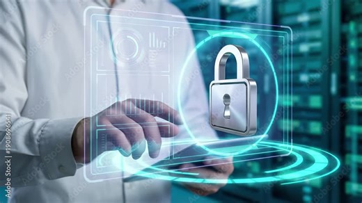 It professional operating holographic digital interface with padlock and security dashboard above server room. Data protection, cybersecurity encryption and network defense technology concept.