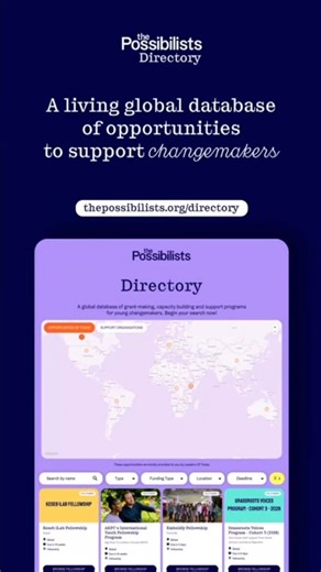 ChangemakerXchange on Instagram: "In 2022, we launched The Possibilists Directory, a curated space to help young changemakers find the support they need, from funding and networks to learning, capacity building, and wellbeing. Today, we’re excited to share that the Directory has been refreshed and improved, making it even easier to discover opportunities that truly meet changemakers where they are. 🔗 Write “directory” and we’ll send you the link. 🔗 This collection is made possible with the sup