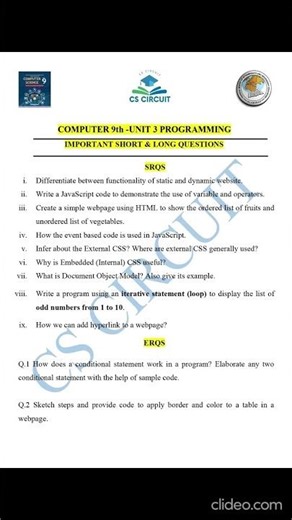 Class 9 Computer Science | Unit 3 Programming | Most Important Short & Long Questions | FBISE 2026