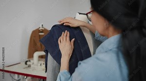 Female dressmaker pining fabric to mannequin, creating fashion design in atelier . Professional seamstress and tailor working in studio, fashion business, handmade tailor-made clothes, sewing courses