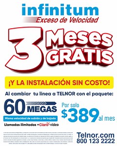 📶𝗖𝗼𝗻𝘁𝗿𝗮𝘁𝗮 𝗜𝗻𝗳𝗶𝗻𝗶𝘁𝘂𝗺 𝘆 𝗿𝗲𝗰𝗶𝗯𝗲 𝟯 𝗺𝗲𝘀𝗲𝘀 𝗚𝗥𝗔𝗧𝗜𝗦 𝗲 𝗶𝗻𝘀𝘁𝗮𝗹𝗮𝗰𝗶𝗼́𝗻 𝗦𝗜𝗡 𝗖𝗢𝗦𝗧𝗢, al cambiar tu línea a Telnor con el paquete 60 Megas, misma velocidad de subida y bajada ⬆️⬇️ por $389 al mes. Términos, condiciones y velocidades promedio en Telnor.com/terminoshogar | Telnor