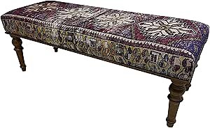 Boho Purple Distressed Rug Upholstered Ottoman Bench, Piano Bench, Wood Bench, Bedroom Ottoman, Entryway Footstool Ottoman Bench, Kitchen Dining Bench, (18x18X36, Purple Runner)