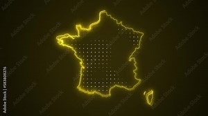 Neon Yellow France Map Borders Outline Loop Background. Neon Yellow Colored France Map Borders Outline Seamless Loop Dark Background. France Neon Map Borders Outline.