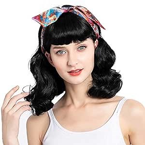 50s Rockabilly Vintage Wavy Black Wig With Bangs - Bettie Page Wig for Woman - Cosplay & Daily Use (14'')