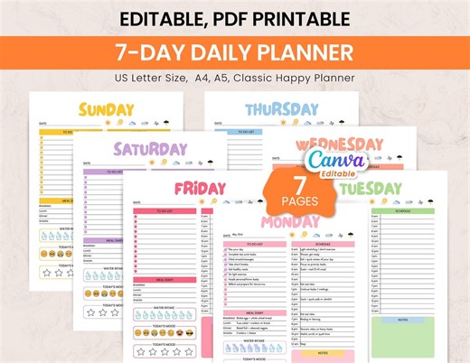 7 Day Daily Work Planner, Sched Organizer, Work Schedule, Work Task Planner, Daily to Do List, Hourly Daily Planner, Productivity Planner - Etsy