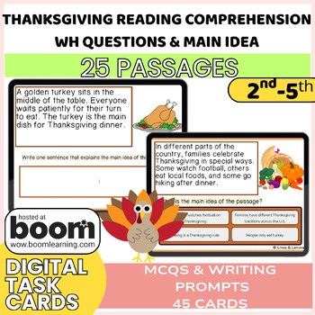 Thanksgiving Reading Comprehension WH Questions & Main Idea Digital Boom Cards