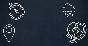 Animation of multiple icons drawing against abstract background. Digitally generated, hologram, illustration, globalization, compass, direction, cloud, rain and technology concept.