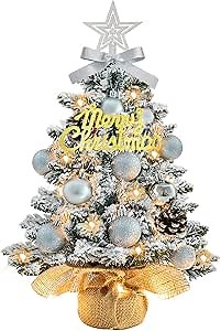 Tabletop Christmas Tree with Lights 22 Inch Mini Artificial White Christmas Tree with 30 LED String Lights, Star Tree, Tabletop Small Xmas Tree for Holiday Indoor DIY Christmas Decor