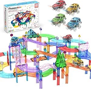 PicassoTiles 150 Piece Race Car Track Building Block Educational Toy Set Magnet Tile Magnetic Blocks Playset 4 Cars Early STEM Learning Construction Kit Hand-Eye Fine Motor Skill Brain Training PTR150