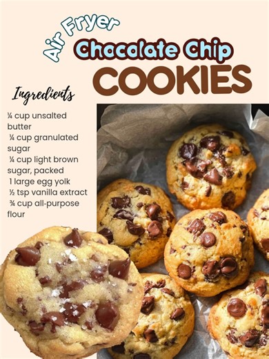 Soft and chewy air Fryer chocolate chip cookies with golden edges and melty chocolate chips all made quickly in the air fryer for a perfect treat. All you need is: ¼ cup unsalted butter, melted and slightly cooled ¼ cup granulated sugar ¼ cup light brown sugar, packed 1 large egg yolk ½ tsp vanilla extract ¾ cup all‑purpose flour ⅛ tsp baking soda Pinch of salt ½ cup semisweet chocolate chips Stir together melted butter and both sugars until smooth. Mix in egg yolk and vanilla until creamy. Add 