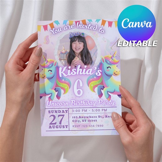 Rainbow Unicorn Birthday Invitation Template, Photo, Editable Canva Printable (5x7 In) - Etsy