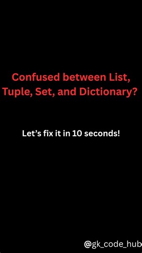 List vs Tuple vs Set vs Dictionary. #python#learnpythonwithGK#learncoding#interviewquestions