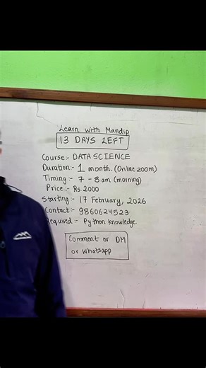 Mandip Dhakal on Instagram: "⏰ 13दिन बाँकी! 1-महिना Data Science Course! 🚨📊 एक महिनामा core Data Science tools master गर्नुहोस्! February 17, 2026 बाट सुरु 🔥 तपाईंले के सिक्नुहुनेछ: ✅ NumPy - Arrays र numerical data संग काम ✅ Pandas - Data manipulation र analysis ✅ Matplotlib - Data visualization र charts ✅ Machine Learning - ML basics बुझ्ने यो focused 1-month course हो जसले हरेक Data Scientist ले use गर्ने essential libraries cover गर्छ! 💪 यो course किन? - सबैभन्दा धेरै use हुने Python lib
