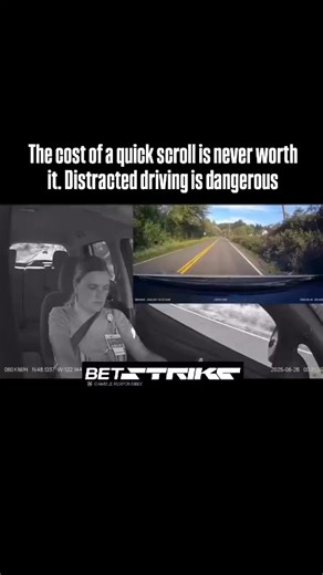 StrikeViper on Instagram: "A woman driving while heavily engrossed in her cell phone. She is visibly distracted, looking down at her phone for extended periods while the vehicle is in motion. The dashboard view shows her approaching a main road, failing to stop at a posted stop sign, and looking away from the road just before entering the intersection. Suddenly, the interior camera captures her looking up, dropping the phone, and bracing herself as a collision occurs. The exterior camera confirm