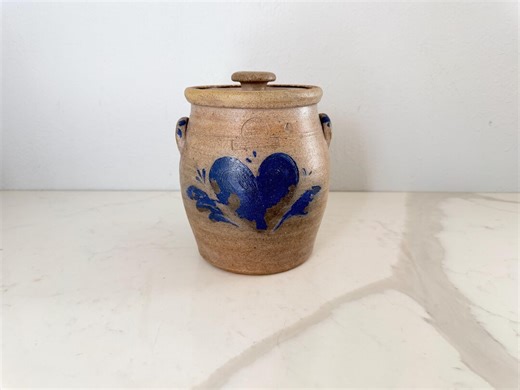 RARE Vintage 1984 Rowe Pottery Stoneware Salt Glaze Lidded Jar Blue Heart Motif Canister - Handcrafted Lidded Crockpot - Kitchen Decor - Etsy