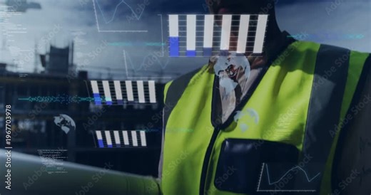 Construction engineer scanning site, scrolling tablet, activating HUD charts over plans for review