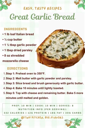 🍞 Great Garlic Bread – Cheesy, Garlicky & Irresistible! This is the garlic bread dreams are made of! Toasty Italian bread slathered in garlic butter and loaded with melted mozzarella. It's the perfect side for pasta night or any meal that needs a little extra comfort. #GarlicBread #CheesyGarlicBread #SideDish #ComfortFood #EasyRecipes #PastaNight | Tiny Kitchen, Big Flavors