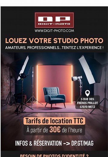 🎬Besoin d’un espace pro pour vos shootings ? 👉 Information : dp.gt/mag Louez notre studio photo à Metz et profitez d’un environnement entièrement équipé pour donner vie à vos projets 📸 Portrait, produit, vidéo… amateurs comme professionnels, tout est prêt pour créer dans les meilleures conditions. 👉 À partir de 30€ / heure 📍 5 rue des Frères Prillot, 57070 Metz 👉 Information : dp.gt/mag Et pour vos démarches administratives : 📷 Photos d’identité certifiées ANTS à seulement 10€ #digitphoto