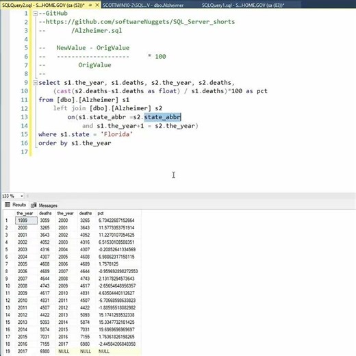 Vid 7 - How to solve for Percent Change using Sql Server. Analyze Alzheimer Data.