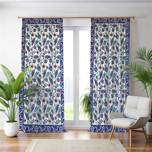 Traditional Turkish Iznik Tile Pattern Curtains, Ottoman Style Tulip Flower Drapes, Blue and White Ceramic Window Treatment, Oriental Decor - Etsy