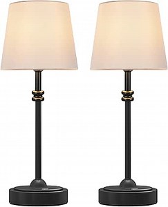ONEWISH Cordless Table Lamps Set of 2 - Battery Powered Lamp, 4000mAh Rechargeable, Stepless Dimmable, Wireless Lamp with Fabric Shade, Warm Ambient Light for Bedside, Dining, Patio, Bathroom(Black)
