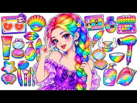 Paper DIY💖HUNTRIX Rumi Beauty Makeup + Rainbow Hair + Skincare Glow Up ASMR 🌈 Kpop Demon Hunters
