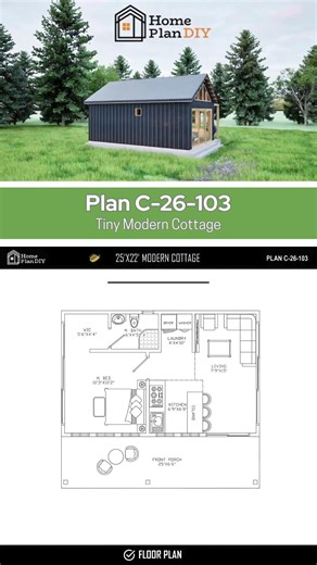 25×22 Tiny Modern Cottage House Plan | 1 Bed Small Home (550 Sq Ft) #blueprint #tinyhouse #shorts