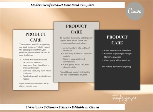 Modern Serif Product Care Card Template — 3 Versions, 3 Colors, 2 Sizes — Small Business Packaging Insert — Editable in Canva - Etsy